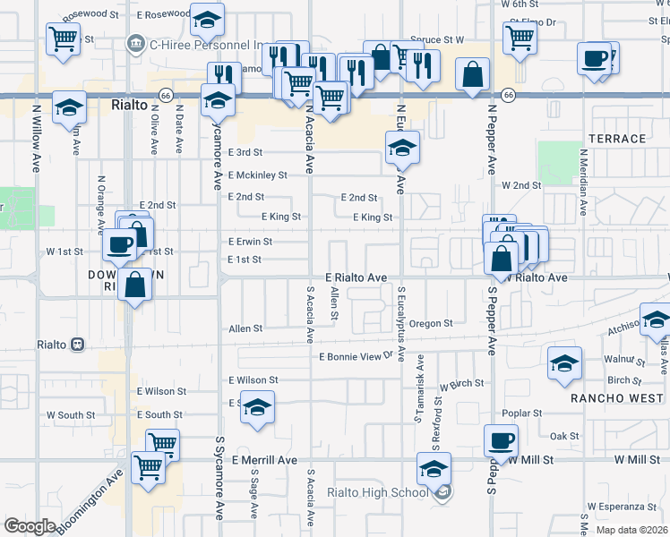 map of restaurants, bars, coffee shops, grocery stores, and more near 107 North Encina Avenue in Rialto