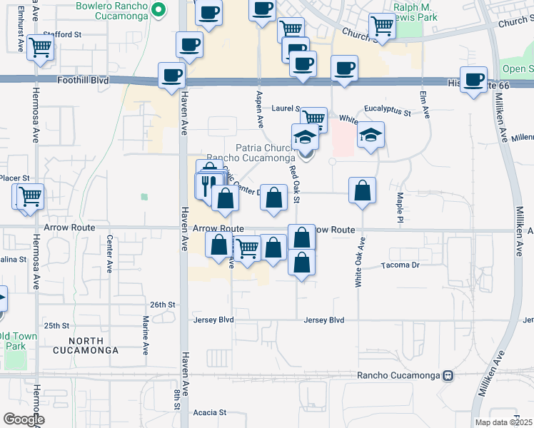 map of restaurants, bars, coffee shops, grocery stores, and more near in Rancho Cucamonga