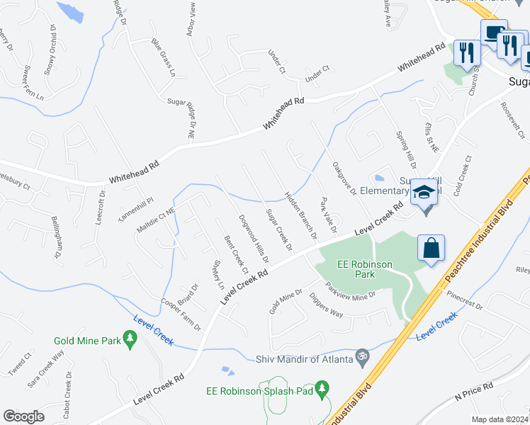 map of restaurants, bars, coffee shops, grocery stores, and more near 5000 Sugar Creek Drive in Sugar Hill