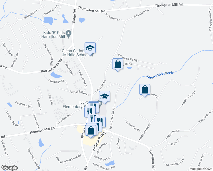 map of restaurants, bars, coffee shops, grocery stores, and more near 3601 Hamilton Creek Trail Northeast in Buford