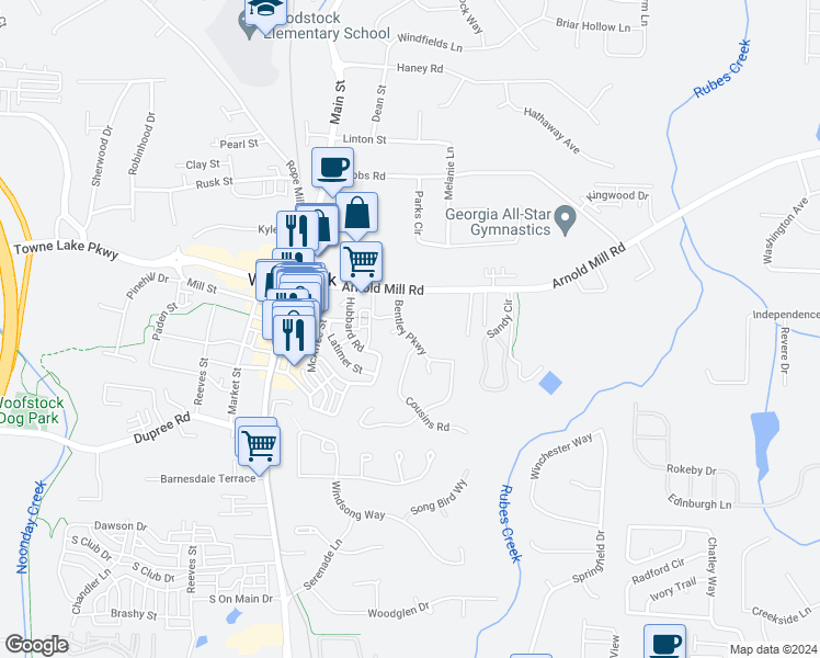 map of restaurants, bars, coffee shops, grocery stores, and more near 111 Bentley Parkway in Woodstock