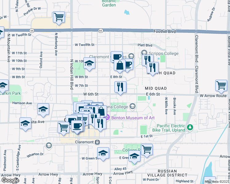 map of restaurants, bars, coffee shops, grocery stores, and more near 610 North College Avenue in Claremont
