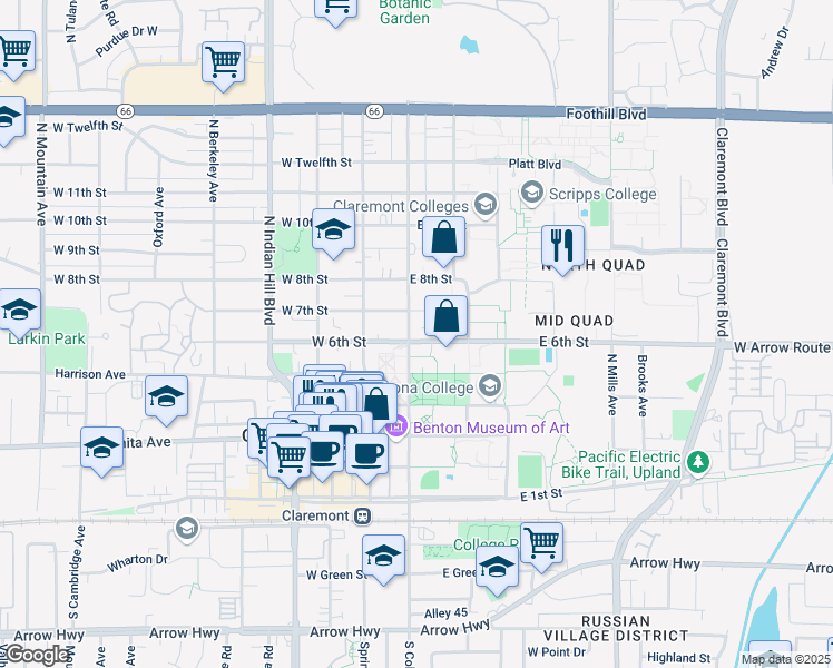 map of restaurants, bars, coffee shops, grocery stores, and more near 610 North College Avenue in Claremont