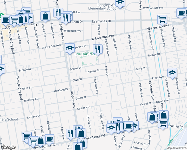map of restaurants, bars, coffee shops, grocery stores, and more near 10159 Olive Street in Temple City