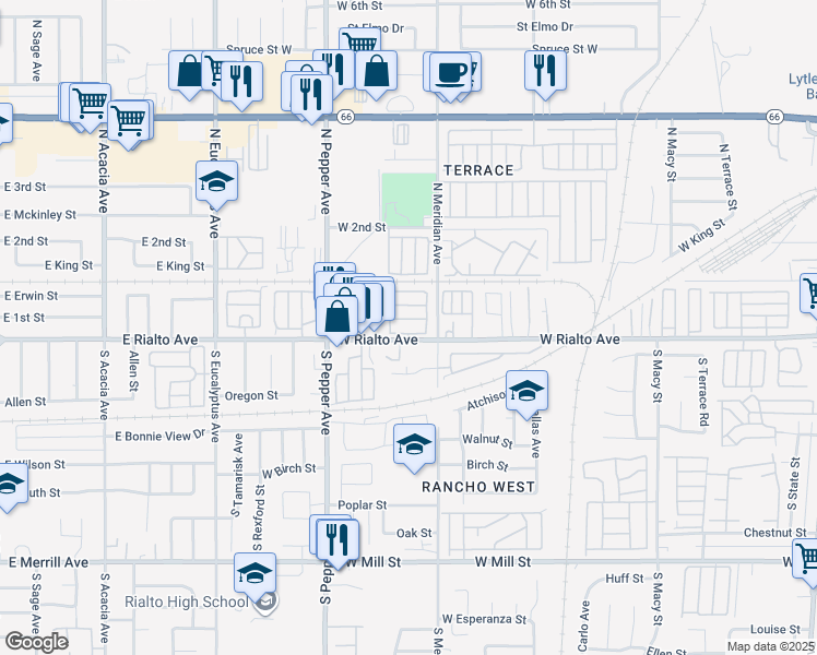 map of restaurants, bars, coffee shops, grocery stores, and more near 2744 West Rialto Avenue in Rialto