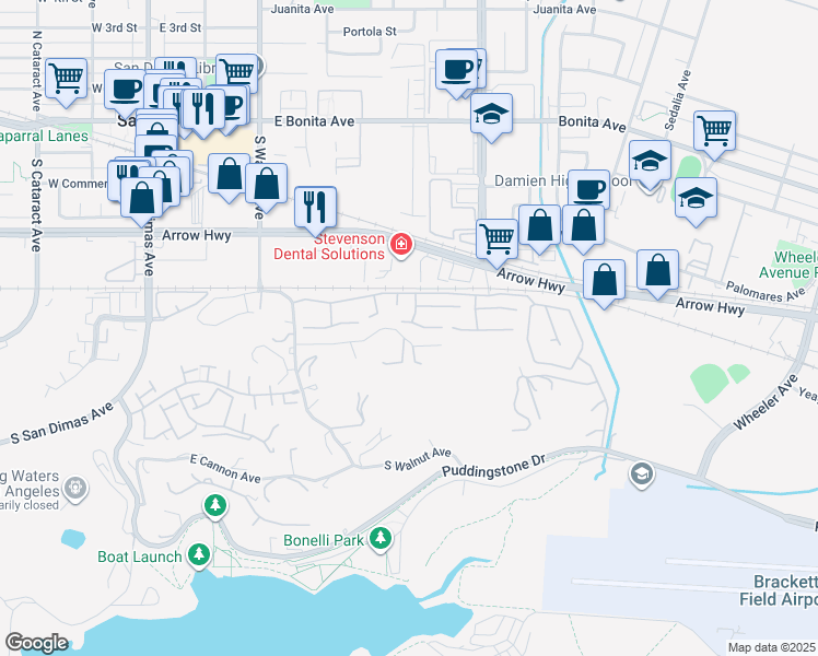 map of restaurants, bars, coffee shops, grocery stores, and more near 500 Juniper Street in La Verne