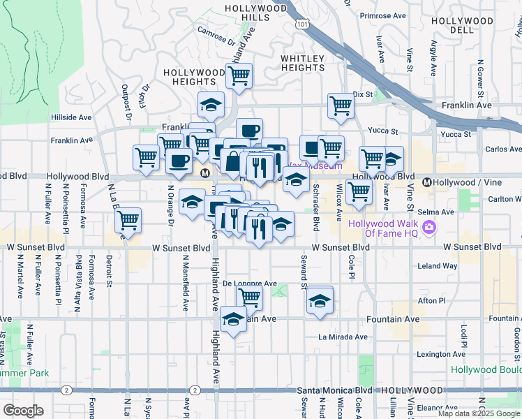 map of restaurants, bars, coffee shops, grocery stores, and more near 1555 North Las Palmas Avenue in Los Angeles