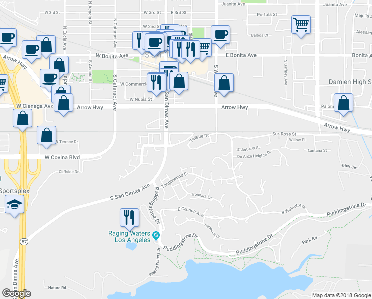 map of restaurants, bars, coffee shops, grocery stores, and more near 252 Teague Drive in San Dimas