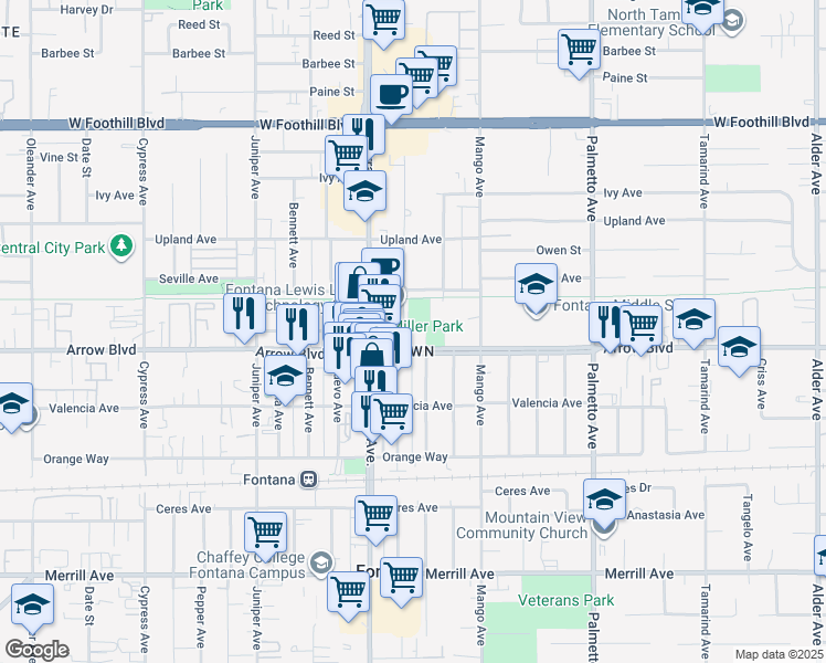map of restaurants, bars, coffee shops, grocery stores, and more near 16980 Arrow Boulevard in Fontana