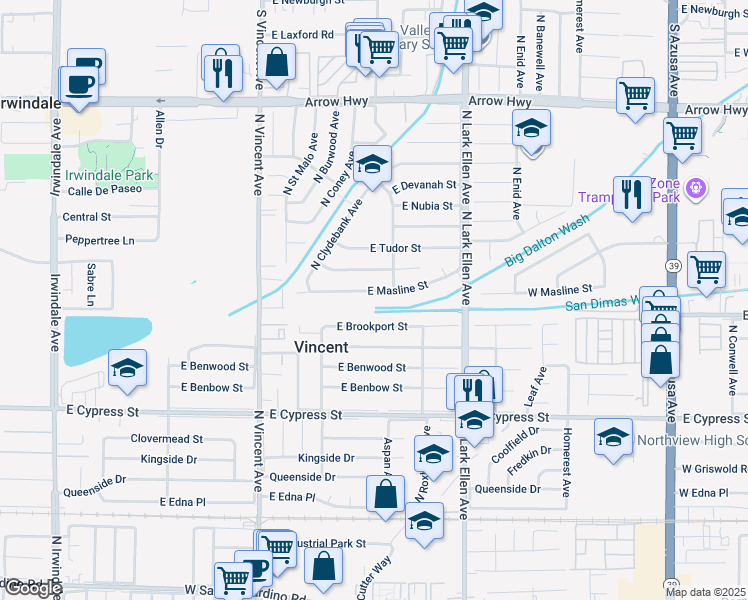 map of restaurants, bars, coffee shops, grocery stores, and more near 16630 East Masline Street in Covina