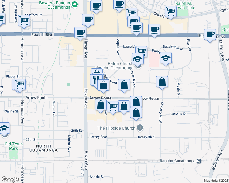 map of restaurants, bars, coffee shops, grocery stores, and more near in Rancho Cucamonga