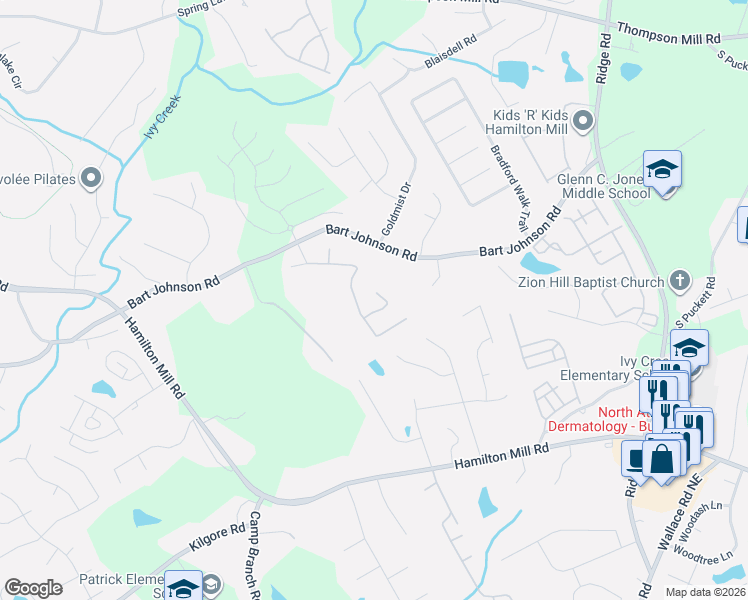 map of restaurants, bars, coffee shops, grocery stores, and more near 3661 Bogan Mill Road Northeast in Buford