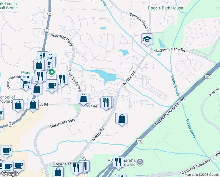 map of restaurants, bars, coffee shops, grocery stores, and more near 3495 New Fawn Lane in Alpharetta