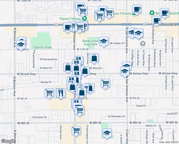 map of restaurants, bars, coffee shops, grocery stores, and more near 1087 West Arrow Highway in Upland