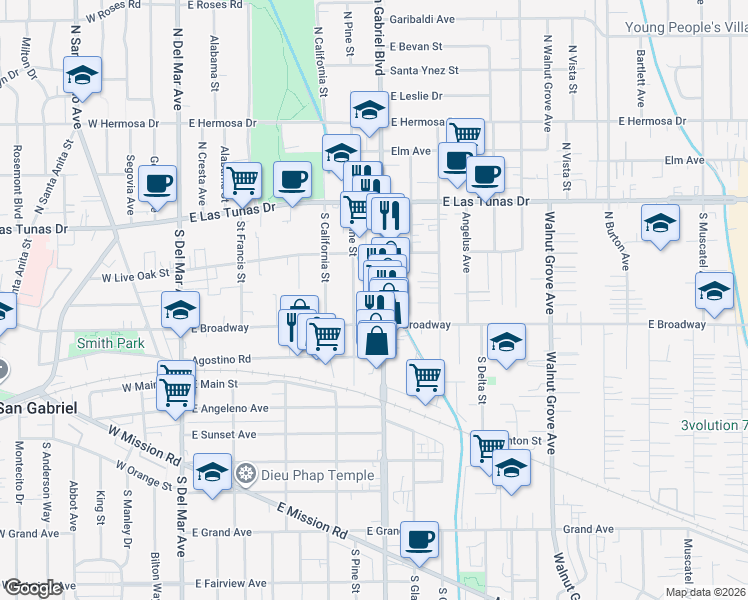 map of restaurants, bars, coffee shops, grocery stores, and more near 249 South San Gabriel Boulevard in San Gabriel