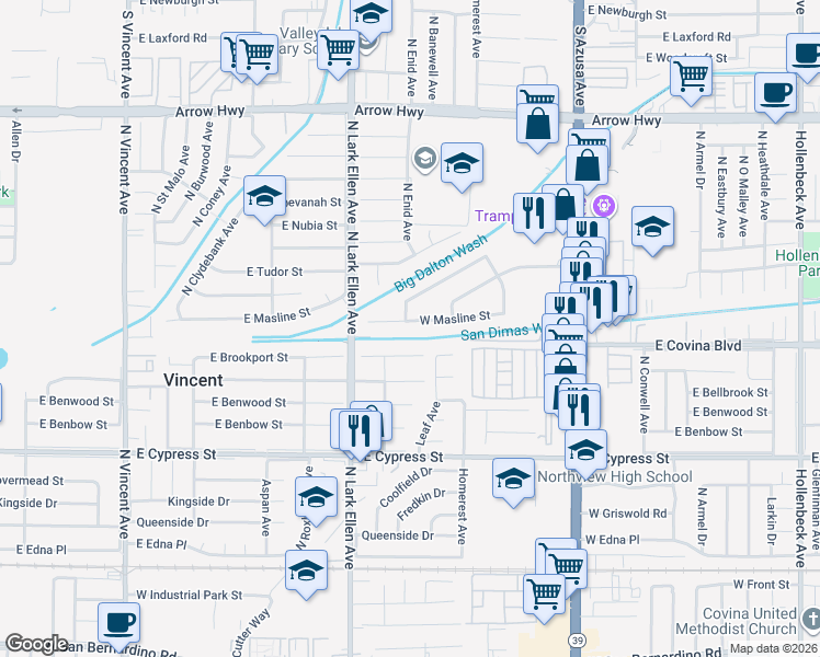 map of restaurants, bars, coffee shops, grocery stores, and more near 1188 West Masline Street in Covina