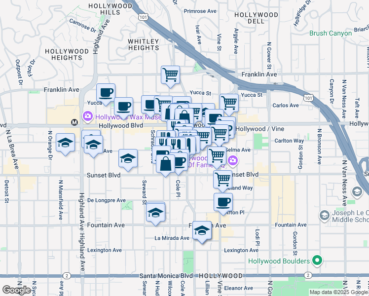 map of restaurants, bars, coffee shops, grocery stores, and more near in Los Angeles