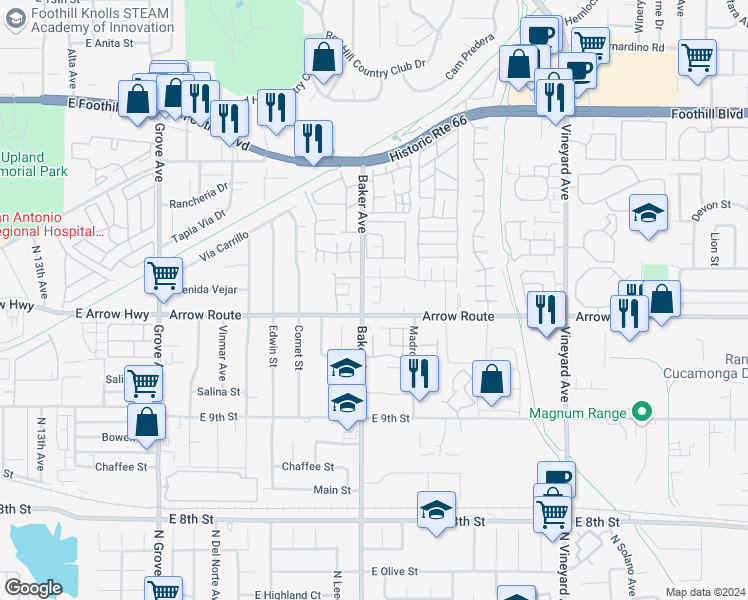 map of restaurants, bars, coffee shops, grocery stores, and more near 8478 Tavano Place in Rancho Cucamonga