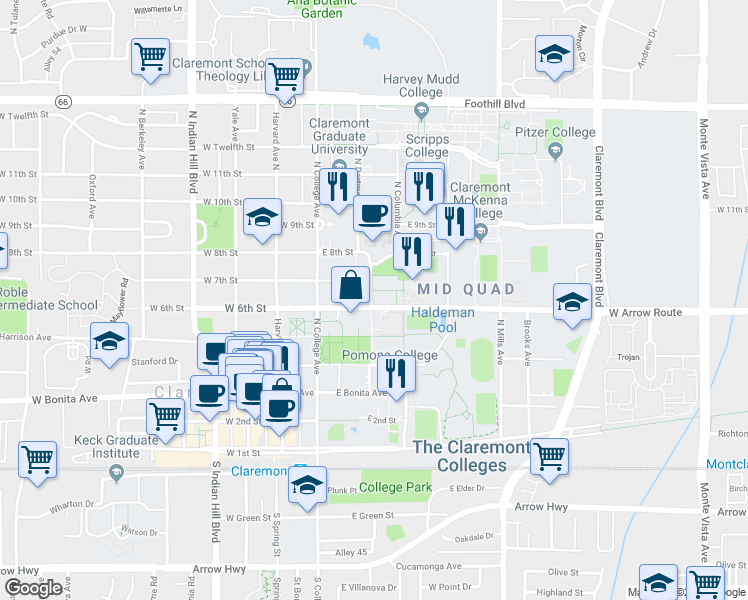 map of restaurants, bars, coffee shops, grocery stores, and more near 225 East 6th Street in Claremont