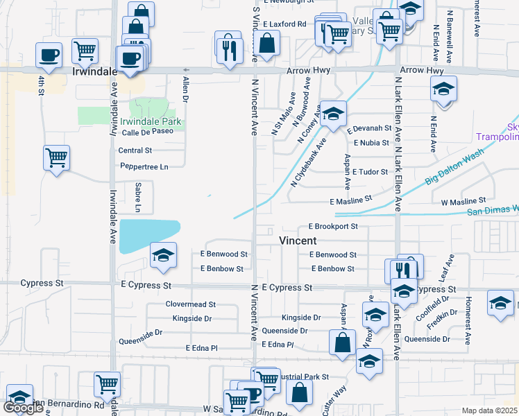 map of restaurants, bars, coffee shops, grocery stores, and more near 4810 North Vincent Avenue in Covina