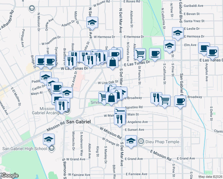 map of restaurants, bars, coffee shops, grocery stores, and more near 228 South San Marino Avenue in San Gabriel