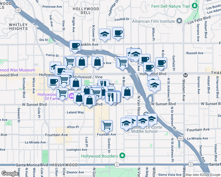 map of restaurants, bars, coffee shops, grocery stores, and more near 1545 Gordon Street in Los Angeles