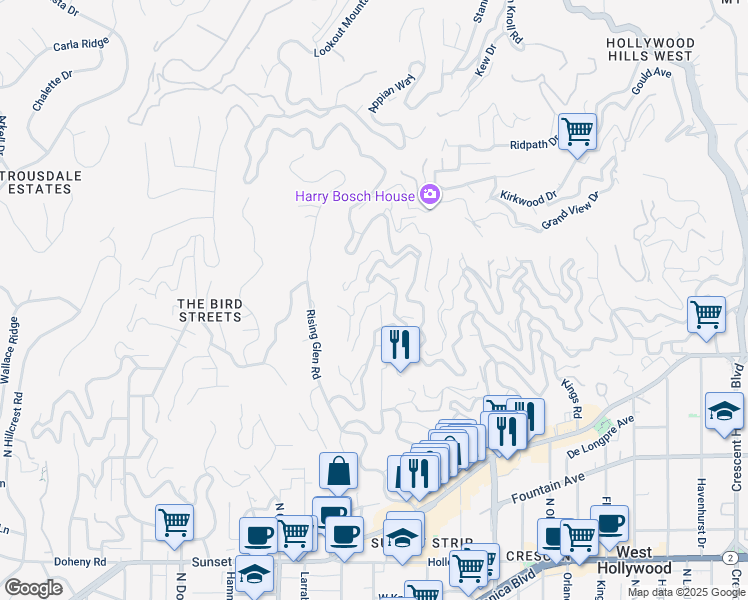 map of restaurants, bars, coffee shops, grocery stores, and more near 8827 Evanview Drive in Los Angeles