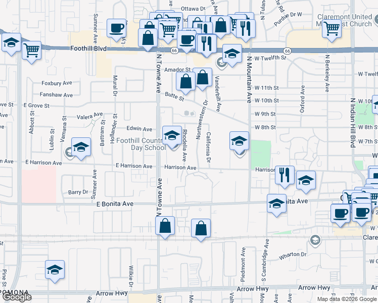 map of restaurants, bars, coffee shops, grocery stores, and more near 545 Northwestern Drive in Claremont