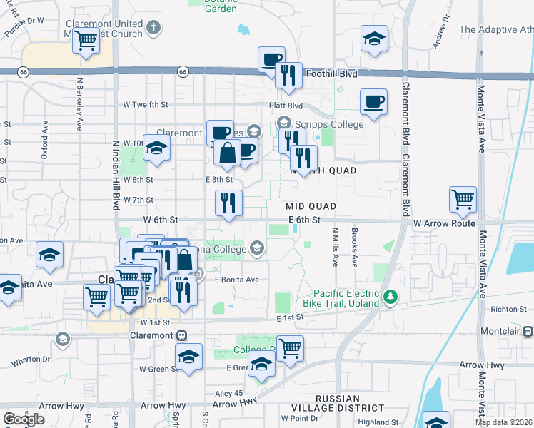 map of restaurants, bars, coffee shops, grocery stores, and more near 345 East 6th Street in Claremont