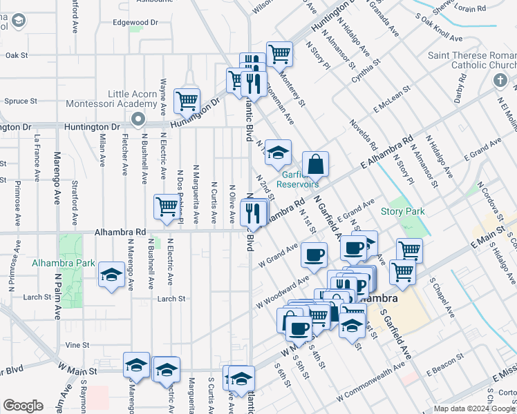 map of restaurants, bars, coffee shops, grocery stores, and more near 638 North Atlantic Boulevard in Alhambra