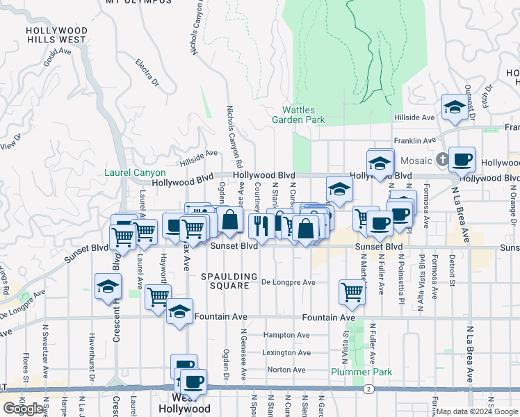 map of restaurants, bars, coffee shops, grocery stores, and more near 1602 Courtney Avenue in Los Angeles