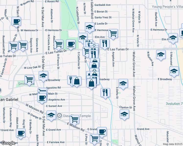 map of restaurants, bars, coffee shops, grocery stores, and more near 288 South San Gabriel Boulevard in San Gabriel