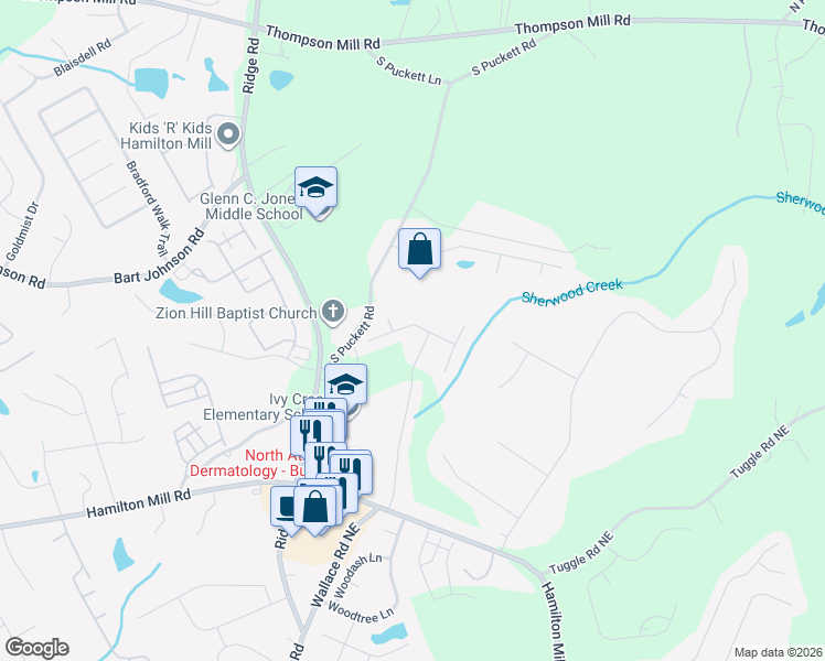 map of restaurants, bars, coffee shops, grocery stores, and more near 3540 Hamilton Creek Trail Northeast in Buford