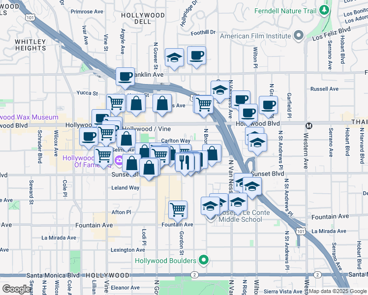 map of restaurants, bars, coffee shops, grocery stores, and more near 1545 Gordon Street in Los Angeles