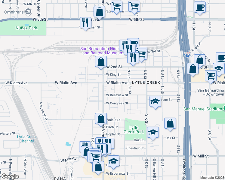 map of restaurants, bars, coffee shops, grocery stores, and more near 126 South Giovanola Avenue in San Bernardino