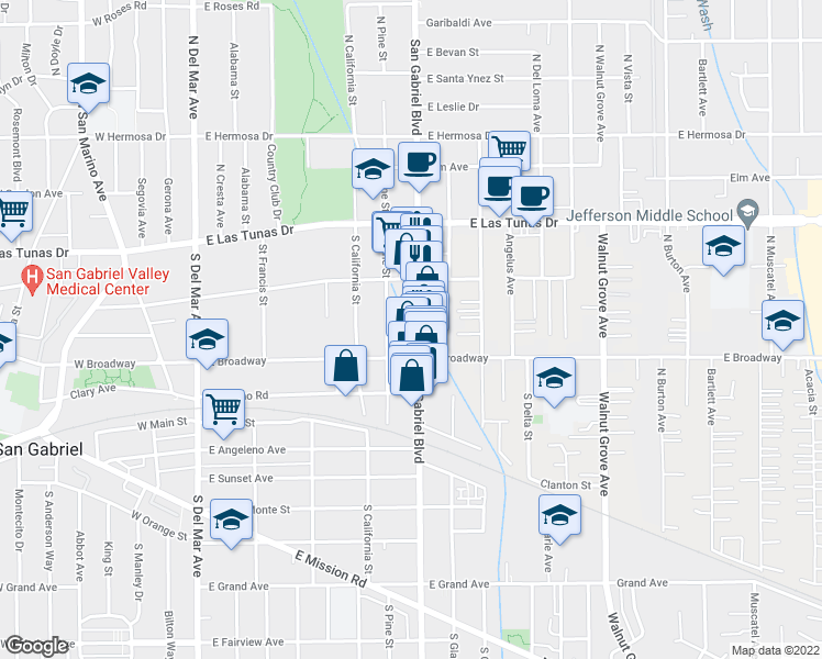 map of restaurants, bars, coffee shops, grocery stores, and more near 249 South San Gabriel Boulevard in San Gabriel
