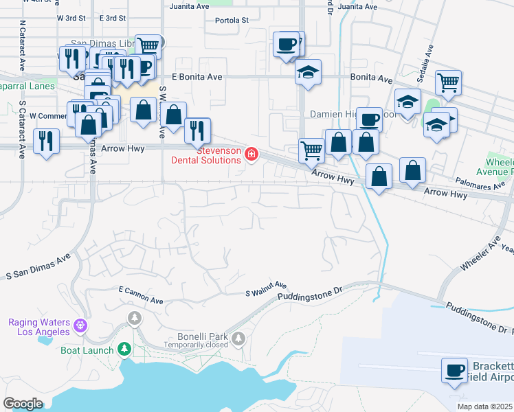 map of restaurants, bars, coffee shops, grocery stores, and more near 500 Juniper Street in La Verne