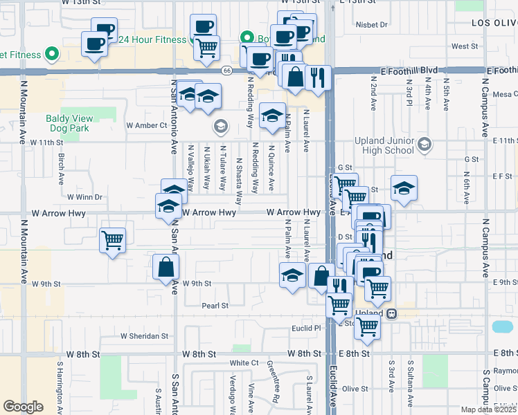 map of restaurants, bars, coffee shops, grocery stores, and more near 355 West Arrow Highway in Upland