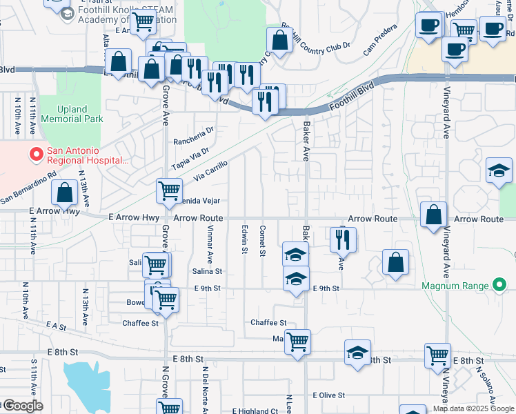 map of restaurants, bars, coffee shops, grocery stores, and more near 8470 Comet Street in Rancho Cucamonga