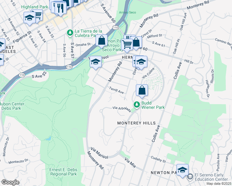 map of restaurants, bars, coffee shops, grocery stores, and more near 545 Pullman Street in Los Angeles