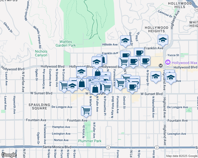 map of restaurants, bars, coffee shops, grocery stores, and more near 1601 North Fuller Avenue in Los Angeles