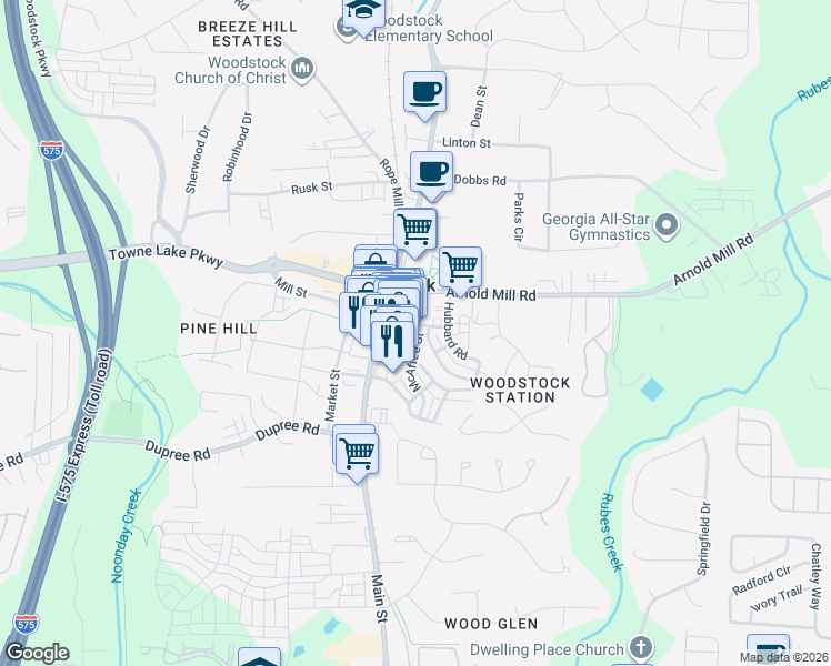 map of restaurants, bars, coffee shops, grocery stores, and more near 333 McAffee Street in Woodstock