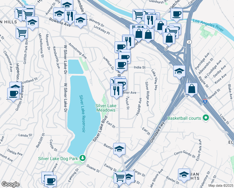 map of restaurants, bars, coffee shops, grocery stores, and more near 2376 Edgewater Terrace in Los Angeles