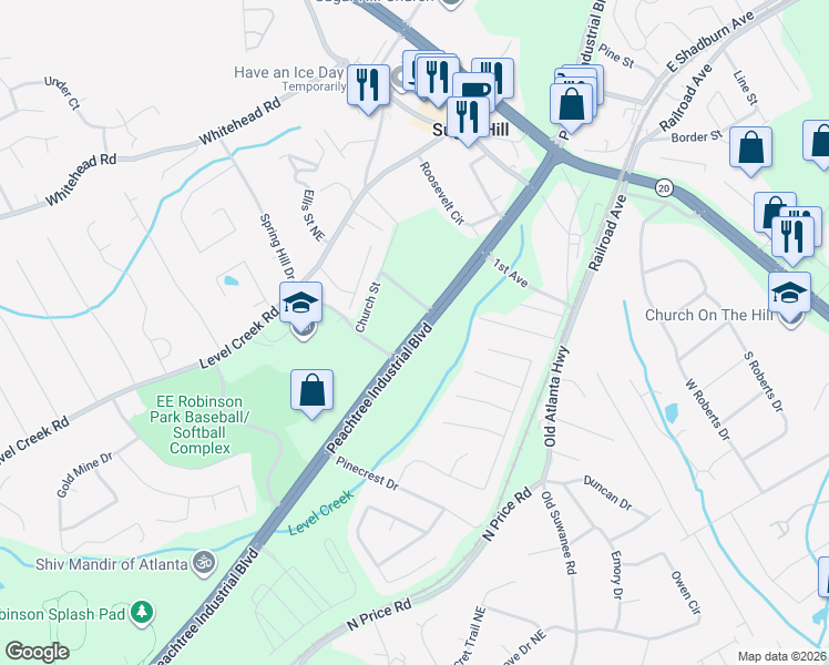 map of restaurants, bars, coffee shops, grocery stores, and more near 1052 Peachtree Industrial Boulevard in Sugar Hill