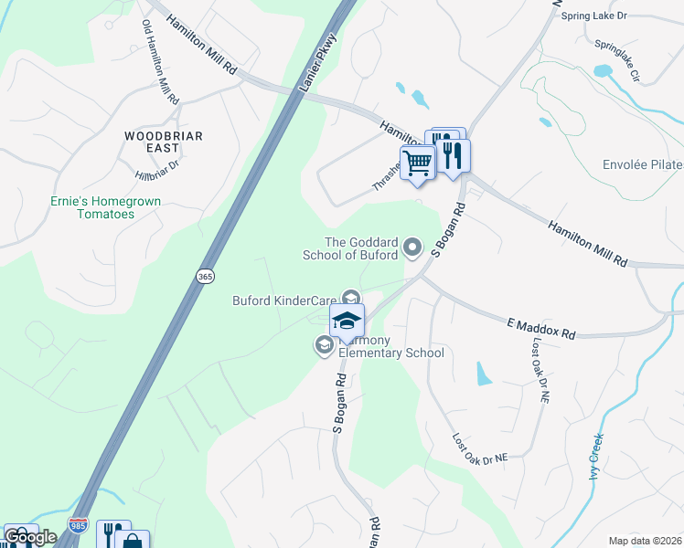 map of restaurants, bars, coffee shops, grocery stores, and more near 2398 East Maddox Road in Buford