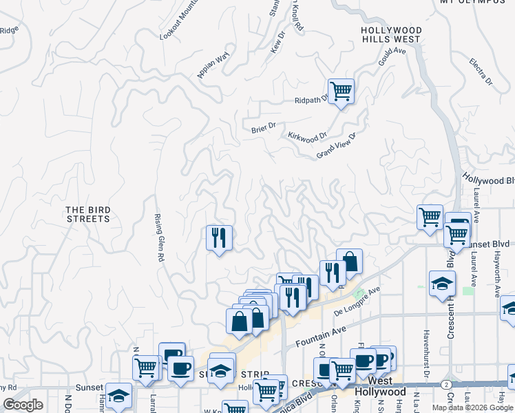 map of restaurants, bars, coffee shops, grocery stores, and more near 8650 Franklin Avenue in Los Angeles