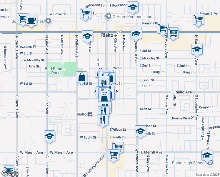 map of restaurants, bars, coffee shops, grocery stores, and more near 2 South Riverside Avenue in Rialto