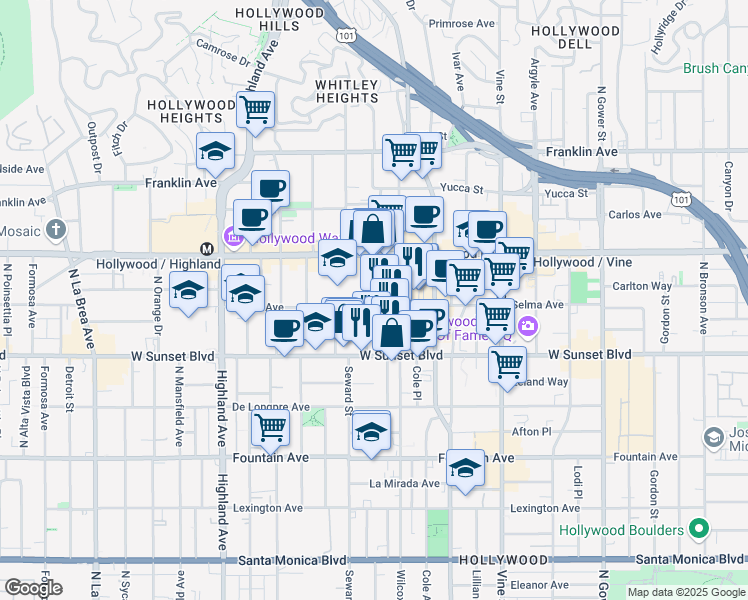 map of restaurants, bars, coffee shops, grocery stores, and more near in Los Angeles