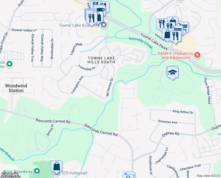 map of restaurants, bars, coffee shops, grocery stores, and more near 4029 Mount Vernon Drive in Woodstock