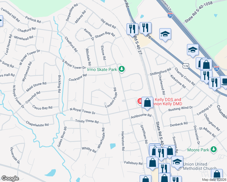 map of restaurants, bars, coffee shops, grocery stores, and more near 319 London Pride Road in Irmo